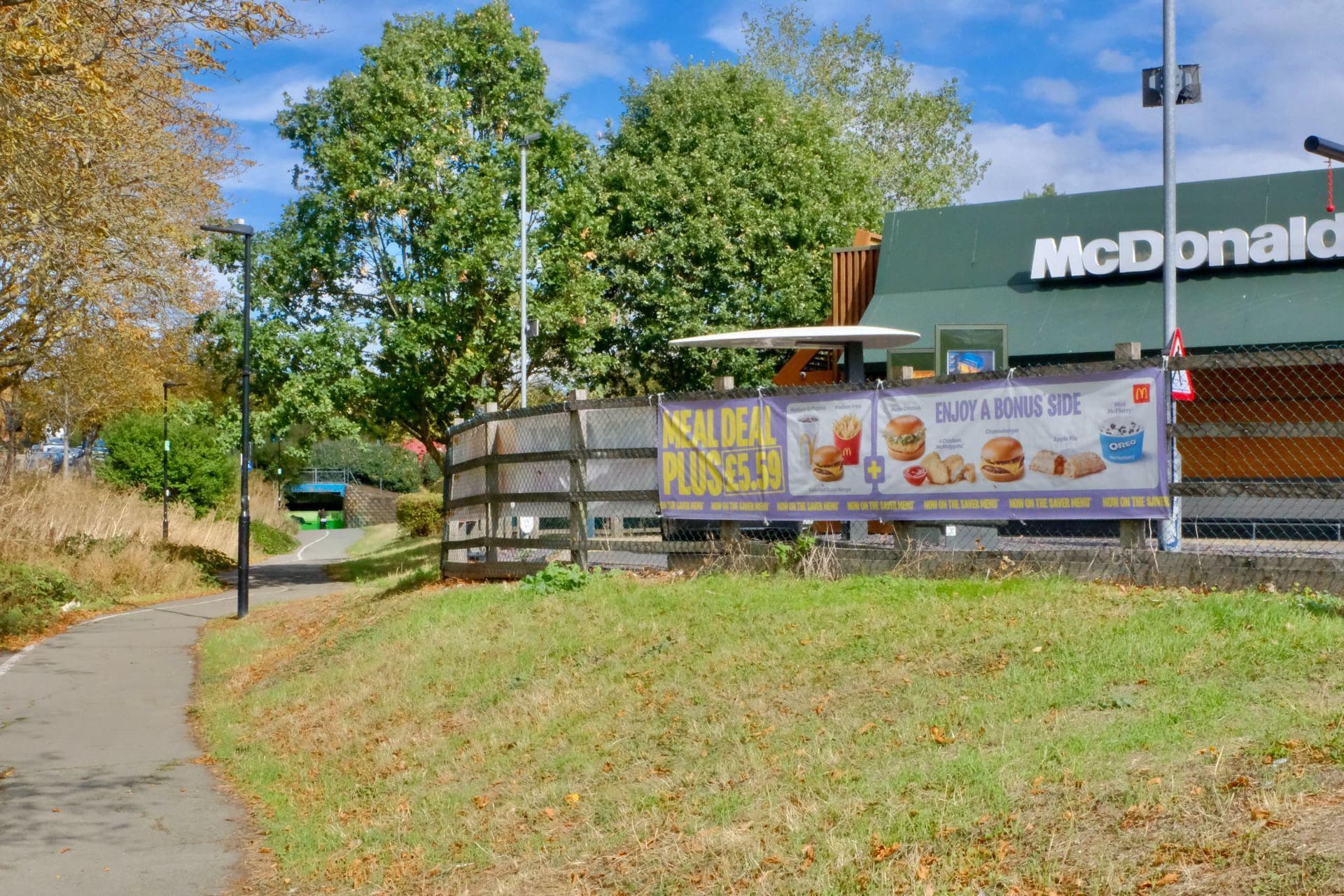 The path to the Ealing Beaver Project with a McDonald's visible beside the urban wetland