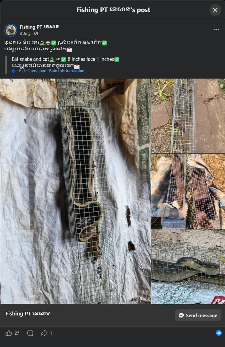 A public Facebook post showing Radiated Ratsnakes, cobras, and Javan Mongoose in traps